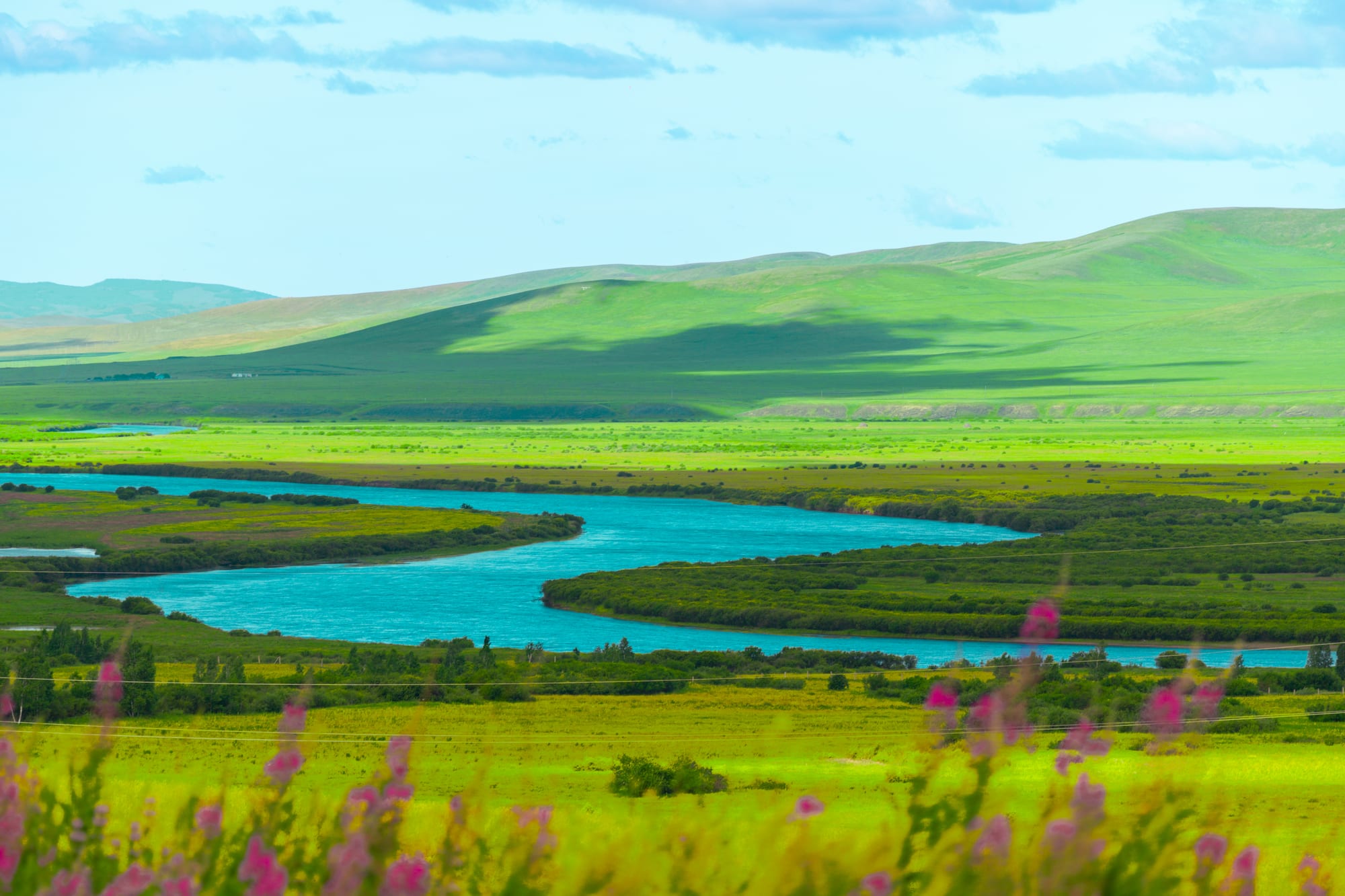 A turquoise river bending through grassland