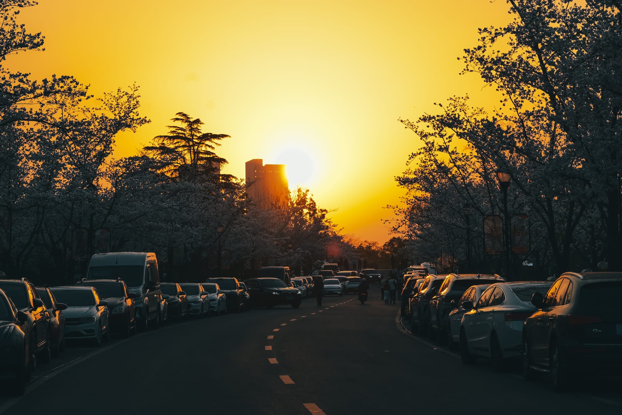 A street at dusk under an orange sky