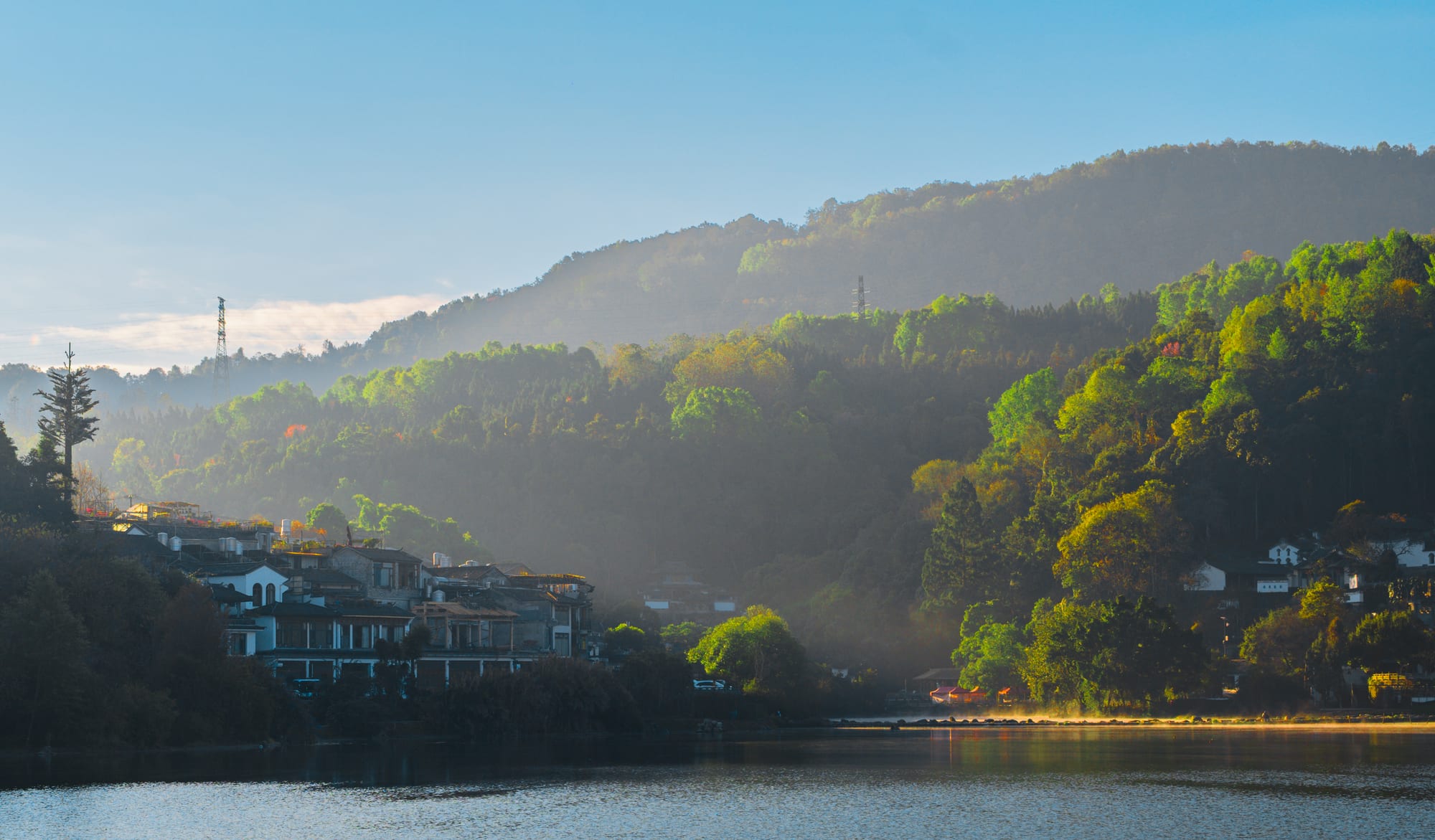Lake and hills in soft autumn light