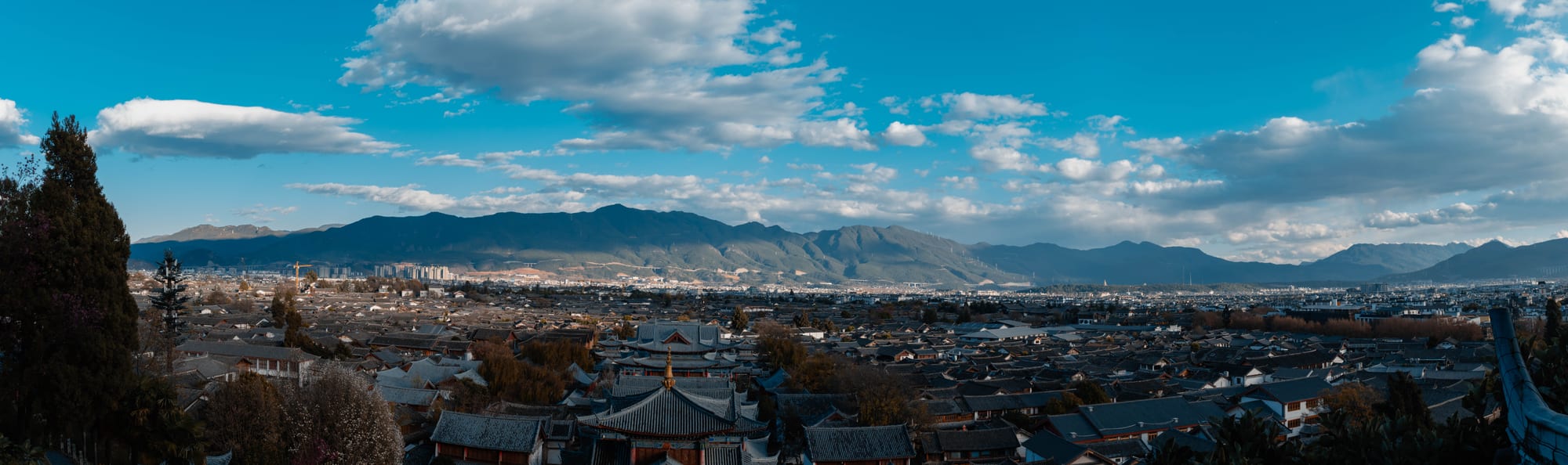 A town below a distant mountain range